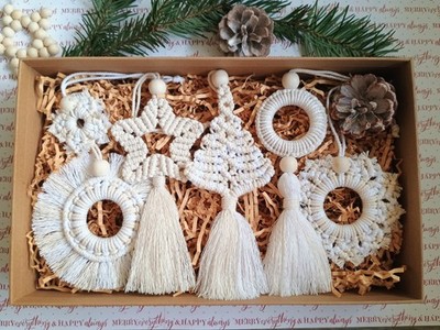 Handmade Macrame Ornaments Set of 6 - Boho Holiday Decor - Gift Box   