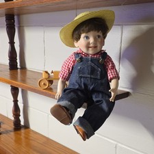 vintage STEVE BY ELKE HUTCHENS Boy Doll w Brn Hair, Straw Hat, Denim Overalls,