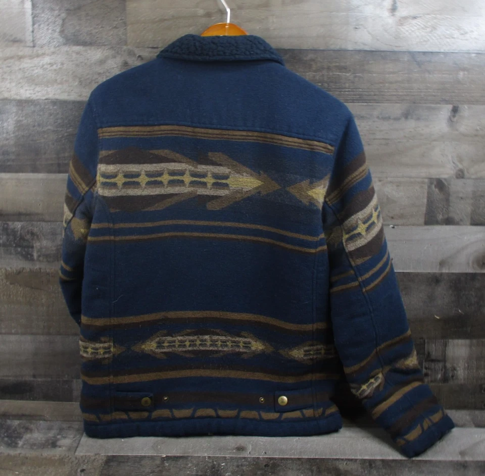 Chaqueta Roark Para Hombre Pequeña Azul Marrón Azteca Sherpa Forrada Mezcla Lana Cierre Exterior Foto 3 de 4