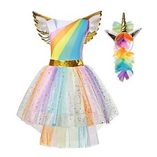 Girls Unicorn Costume Set Fairy Princess Dress Up 3-Piece Outfit Halloween Party