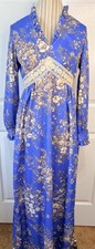 Vintage 70s Prairie Cottagecore Floral Polyester Maxi Dress Handmade Lace Trim M