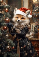 CHRISTMAS DECORATING FOX ART PRINT, Red Fox Poster, Holiday Wall Decor E814