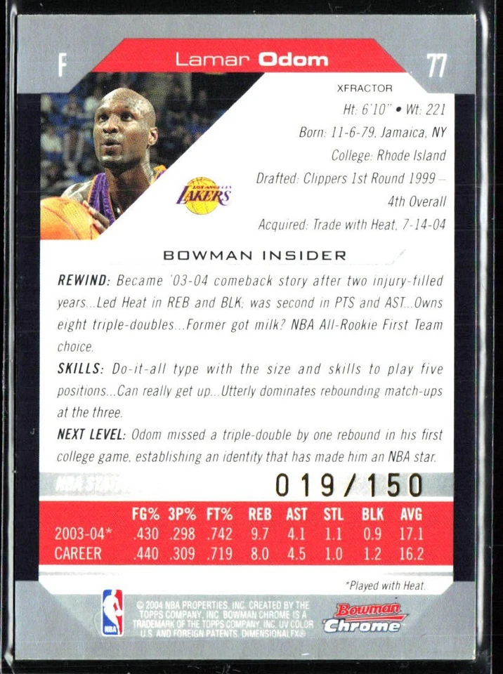2004-05 Bowman Chrome Lamar Odom X-Fractors 73/150 #77 - Image 2 of 2