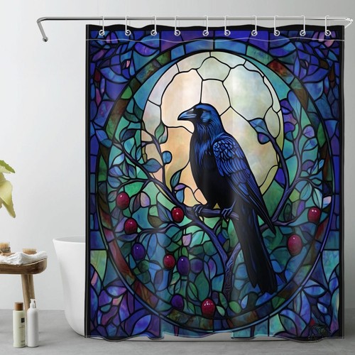 Retro Glass Spooky Black Halloween Crow Shower Curtain Bathroom Accessories Set - Picture 23 of 25