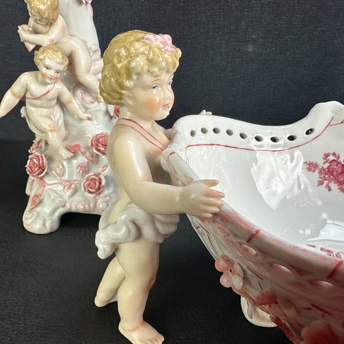 Vintage Antique Porcelain Cherub Candelabra & Centerpiece Set Mantle Table Pink - Picture 3 of 24