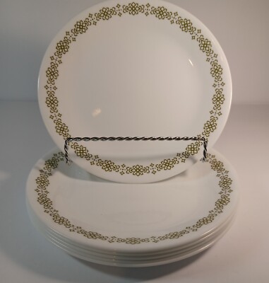 6 Vtg 70s Corelle Livingware Green Macrame 8.5'' Lunch Appetizer Plates Lot 