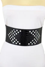 Women Faux Leather Black Elastic Wide Belt Silver Bling Side Arrows Detail S M