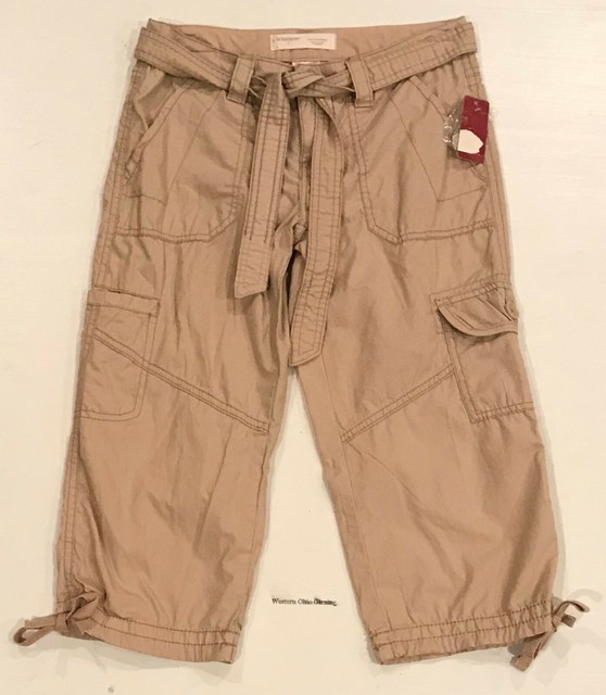 Junior's No Boundaries Tan Woven Cropped Cargo Pants with Belt Size 1