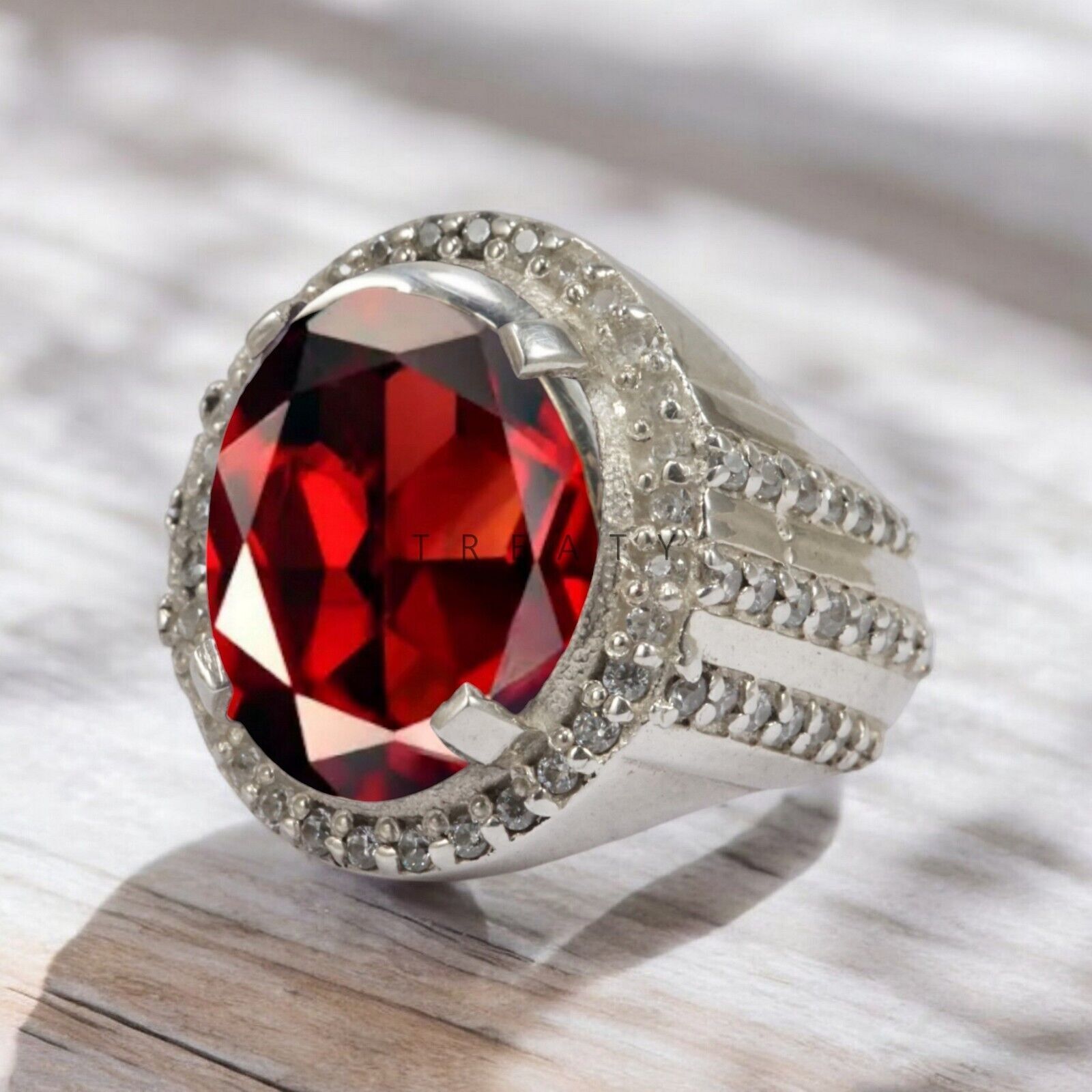 Garnet Oval Cut Gemstone With 925 Sterling Silver Ring For Men's #975