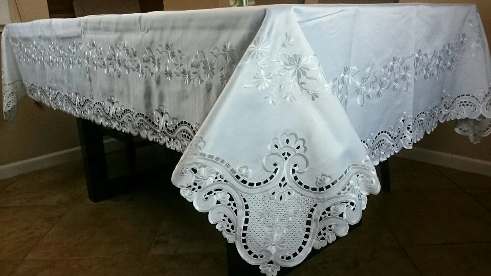 White 72x108" Embroidery Floral Cutwork Embroidered Tablecloth Wedding Church - Image 4 of 4