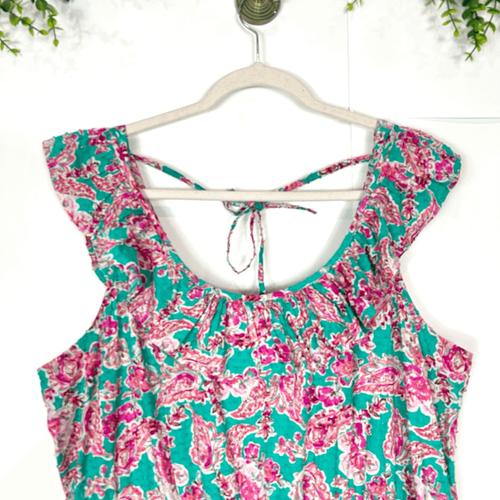 J. Crew Midi Dress 18 Plus Pink Teal Green Floral Ruffle Layered Cotton Tiered - Picture 10 of 17