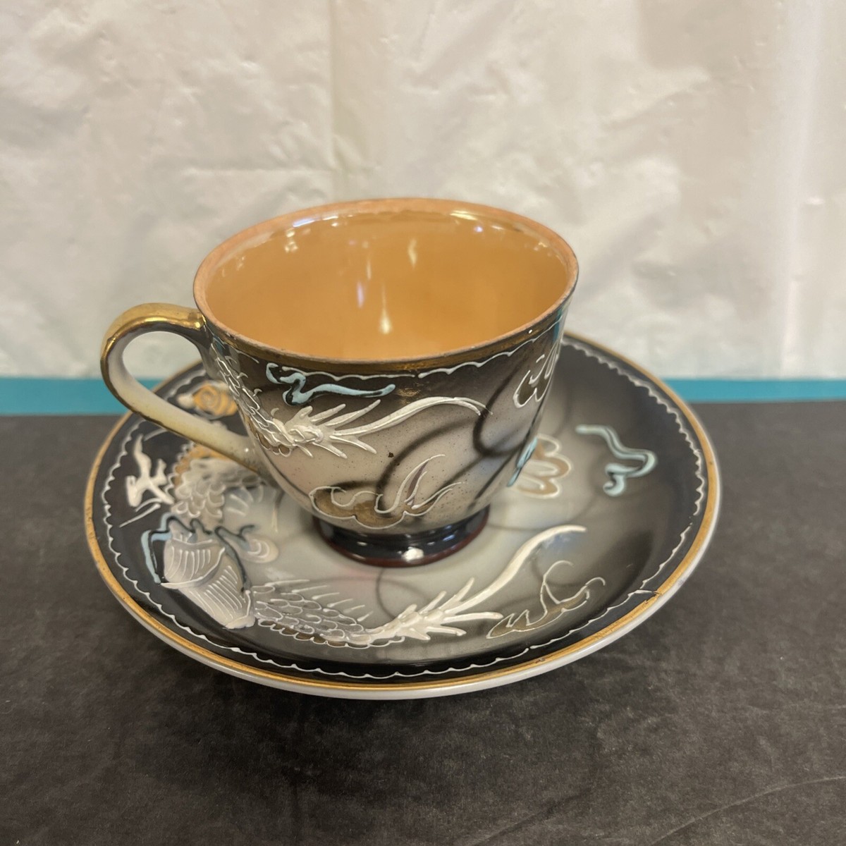 Nikoniko China Made in Japan Peach Black White Gold Dragon Teacup