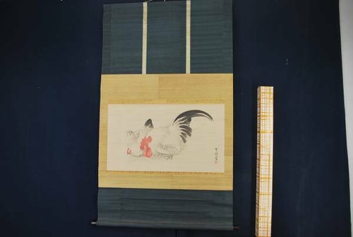 JAPANESE PAINTING HANGING SCROLL JAPAN Chicken Cock Rooster Chick 312q - Foto 3 di 3