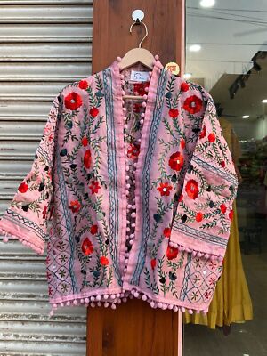 Handmade Multicolor Floral Embroidery Silk Short Boho Kimono
