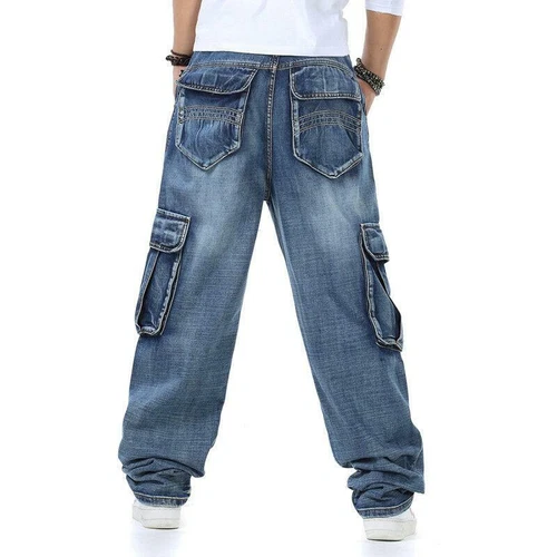 Jeans uomo tinta unita classici relaxed fit pantaloni cargo grandi alti larghi robusti - Foto 11 di 17