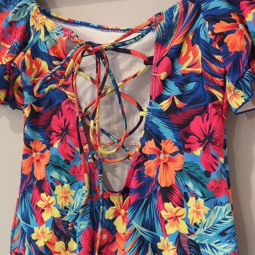One Piece Swimsuit size 0XL Floral Lace Up Back - Picture 6 of 12