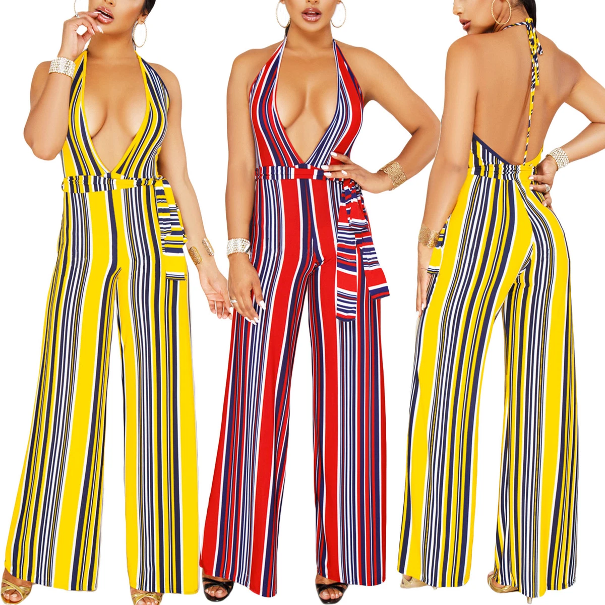 Tuta Donna Senza Maniche A Righe Blu – Scollo A V, Vestibilità Attillata Con Pantaloncini E Cintura, Look Estivo Sexy Per Lavoro E Tempo Libero - 3