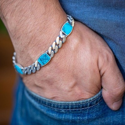 Men's Turquoise Gemstone 925 Sterling Silver 10mm Curb Chain Link Bracelet