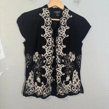 Citron Black Bamboo Button Up Blouse with White Embroidery XS Petite Boho Coast