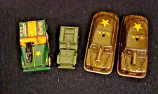 4 Vintage US Army Tin Toy Green Military Cars / 2 are 4" / 1 is 3" / 1 is 2 1/2"