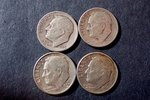Four  Roosevelt Dimes  1946D 47D 50D 51D Good Cond 90% Silver   Lot ROOS  071