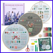 Embroidery Kit for Adult Beginners, 3-Pack 33-Stitch Practice Samplers, Pre-S...