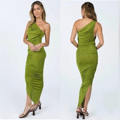 Lioness Vibrant Green OneShoulder Goddess Romantic Ethereal Whimsical Midi Dress