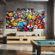 Graffiti Wall Art Triptych Art Print Urban Street Art Canvas Cartoon Art Print
