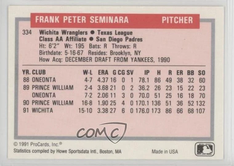 1991 ProCards Tomorrow's Heroes Frank Seminara #334 - Image 2 of 2