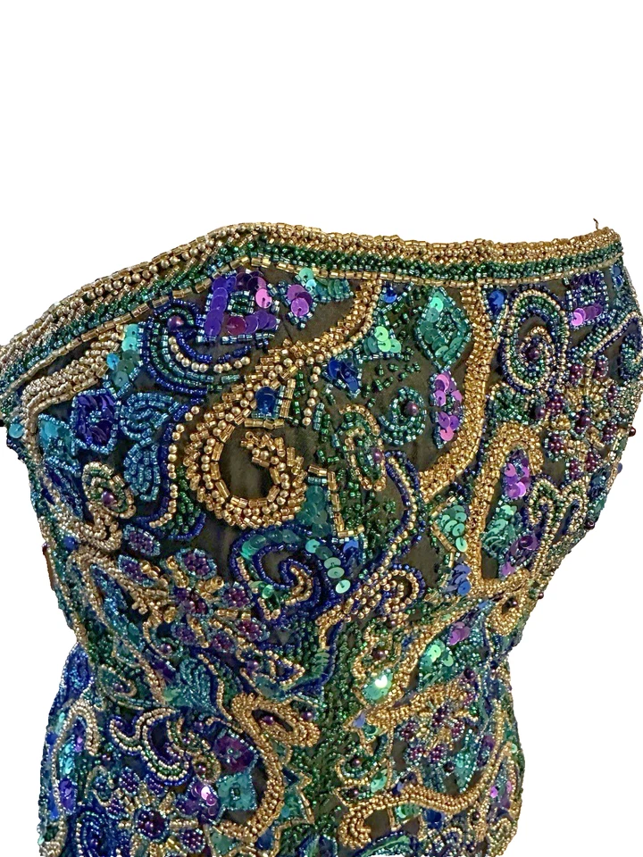 Corsé bustier de seda con cuentas pesadas corbata negra vintage OLEG CASSINI mediano Foto 3 de 4