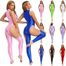 US Womens Glossy Shiny Open Crotch Bodystocking Cut Out Zipper Bodysuit Jumpsuit
