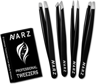 NARZ Präzisions Pinzetten Set 4-teilig Edelstahl Gesicht eingewachsene Haare Schwarz Pro