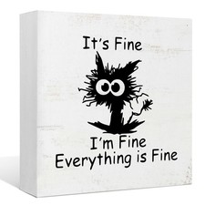 Funny Office Desk Decor - Black Cat 'It's Fine' Wood Box Sign, Home Office Wa...