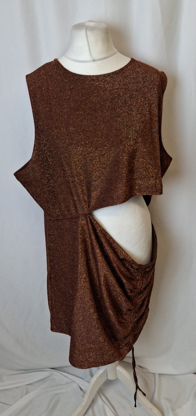 H & M Divided Brown Sparkly Metallic Dress occasion Cut Out Waist uk 26  E3456