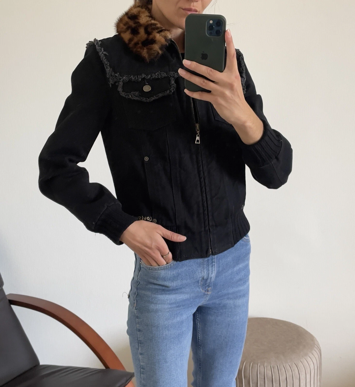 LOUIS VUITTON（LV） Autentica giacca bomber Louis Vuitton denim nero in pelliccia di visone con logo colletto in pelliccia di visone taglia 36