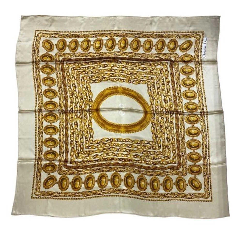 Christian Dior écharpe carrée 35x35 pouces logo all over soie beige et or 04630a