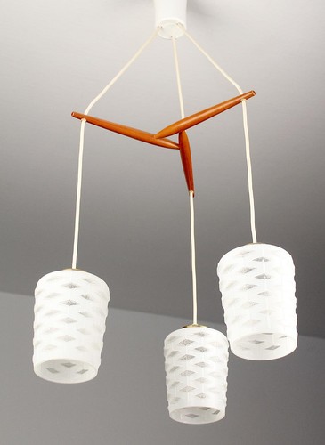 Vintage Mid Century 3 Light Chandelier Danish Modern Teak Retro Pendant Lamp - Picture 2 of 8