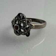 Sterling Silver 925 Marcasite Amber Stone Ring Size 8