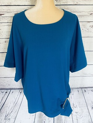 Andrew Marc Women s XL Blouse Blue Short Wide Sleeves Bottom Buckle U Neck