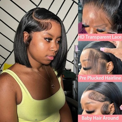 13x6 Lace Front Wig Human Hair Pre Plucked Straight Bob Glueless OQ HAIR M-cap Straight Wear Go Wigs Pre Cut 9x6 HD Lace  main image 3