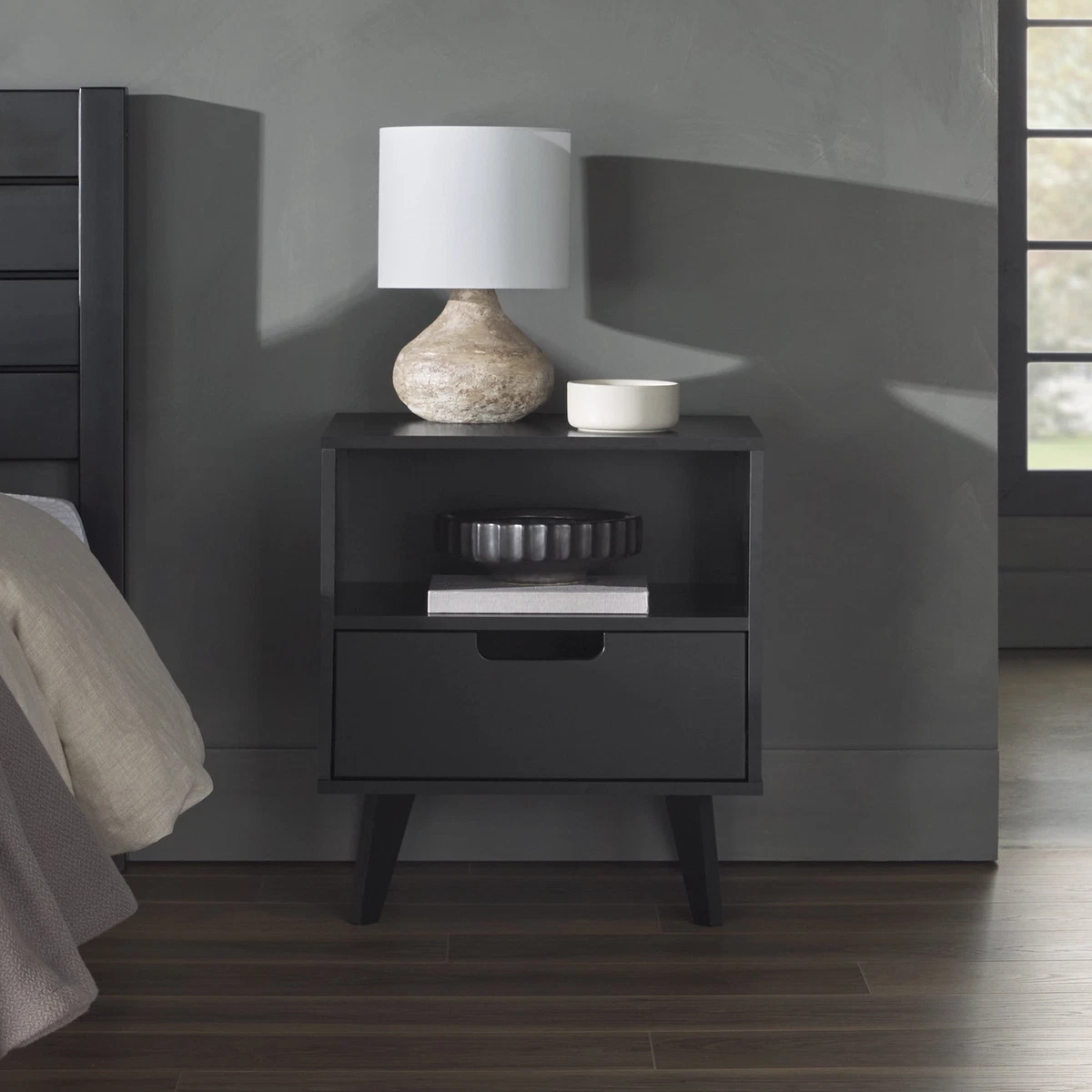 Mid century black nightstand deals