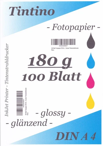 TINTINO Fotopapier 100 Blatt DIN A4 (ca. 210-297mm) 180g/m² glossy/glänzend