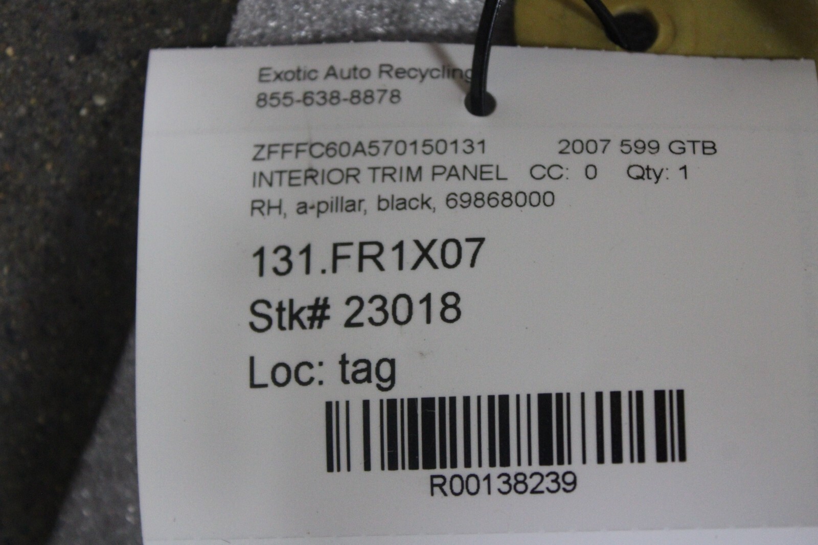 Ferrari 599 GTB, RH, Right, A-Pillar Interior Trim Panel, Used, P/N 69868000