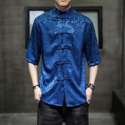 Chemise Homme Col Mao Style Chinois - Imprimé Dragon, Manches Courtes, Taille M, Neuve