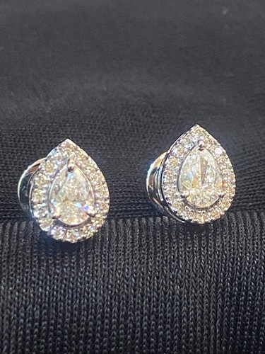 Pave 0.85 Cts Pear Round Shape Diamonds Solitaire Stud Earrings In 750 18K Gold - Picture 7 of 12