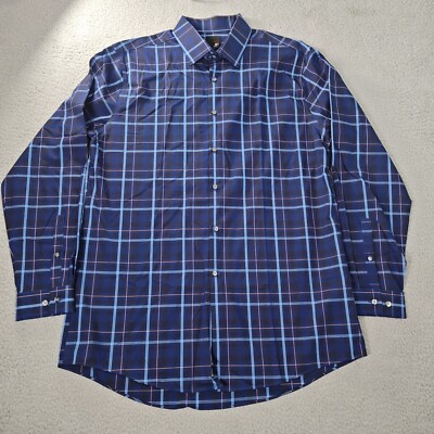 JF J.Ferrari Shirt Mens Large 16.5 Blue Button Up Slim Fit Mechanical Stretch