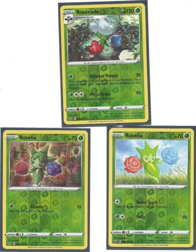 RARE ROSERADE +2 ROSELIA ALL REV HOLO -3 EVO SWORD SHIELDS Pokemon Cards NM/M - Picture 1 of 2