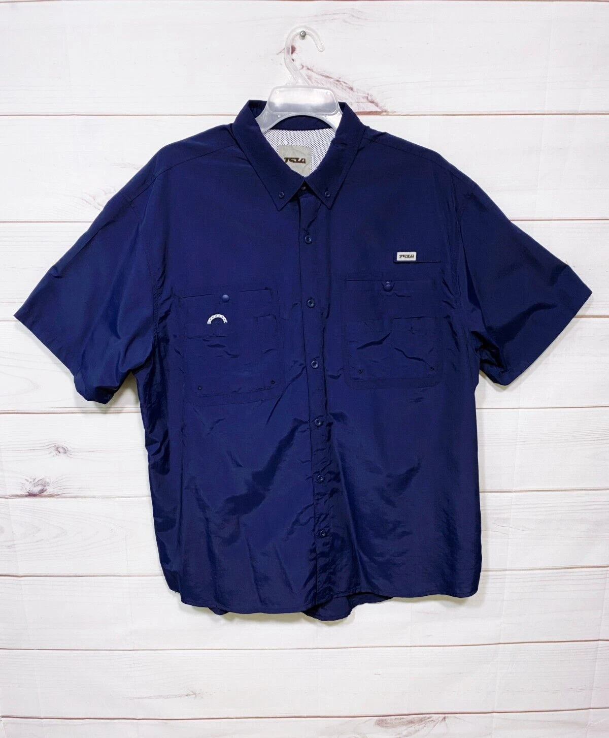 TSLA Mens Vented Shirt Size XL Blue Button Up Pockets Short Sleeve