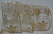 Wired Ribbon Sheer 2.5" Holiday Gold Sparkle Snowflake Christmas