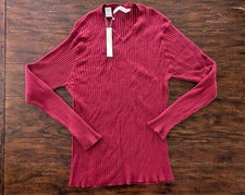 Perry Ellis Sweater Women's Large V-Neck Ribbed Knit Red Burgundy Rayon Cotton
